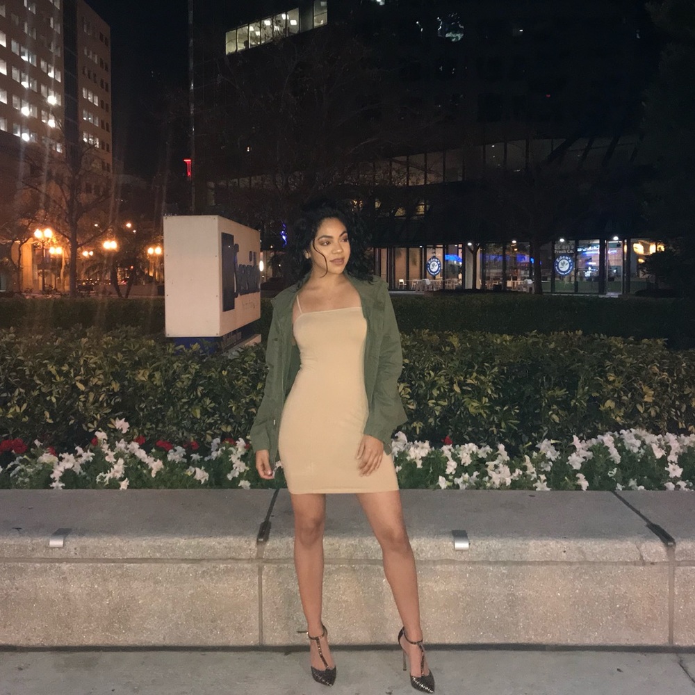 Tan body con mini dress
